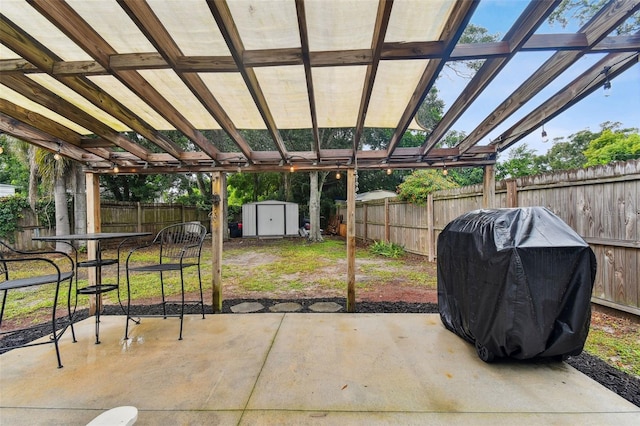 view of patio featuring a storage shed and area for grilling