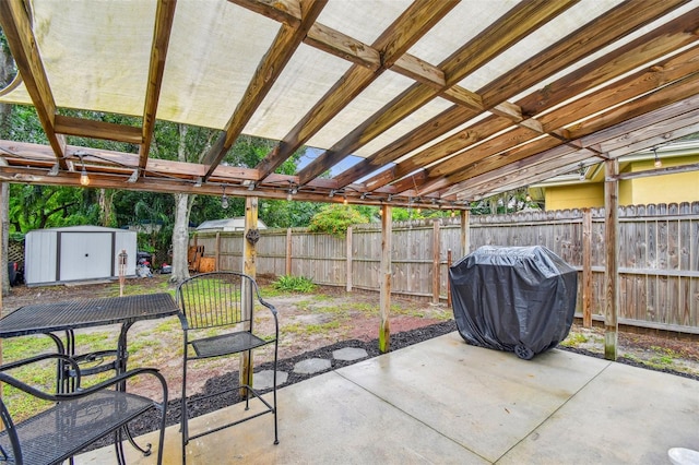 view of patio / terrace with a storage shed and area for grilling