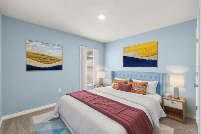 bedroom with a textured ceiling and carpet