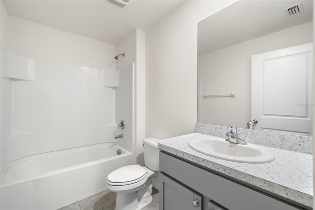 full bathroom featuring tile patterned floors, toilet,  shower combination, and vanity