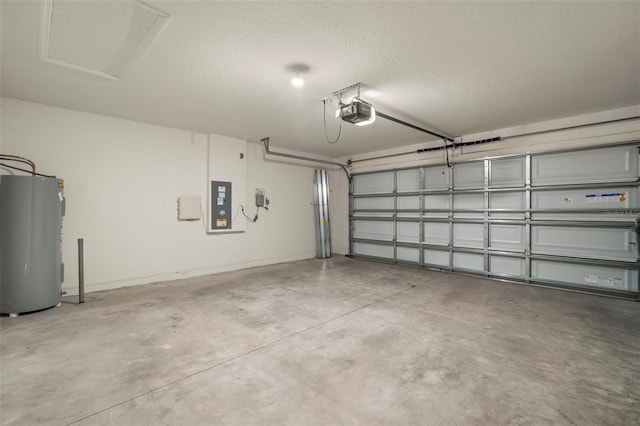 garage featuring a garage door opener, electric panel, and electric water heater