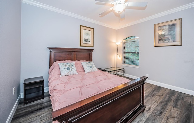 bedroom featuring ceiling fan, dark hardwood / wood-style flooring, and ornamental molding