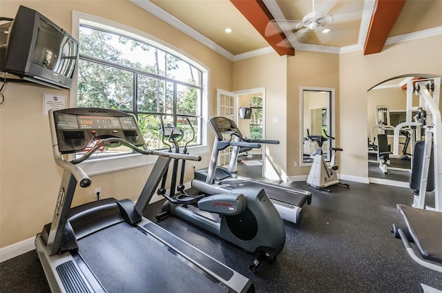 exercise room featuring ornamental molding and ceiling fan