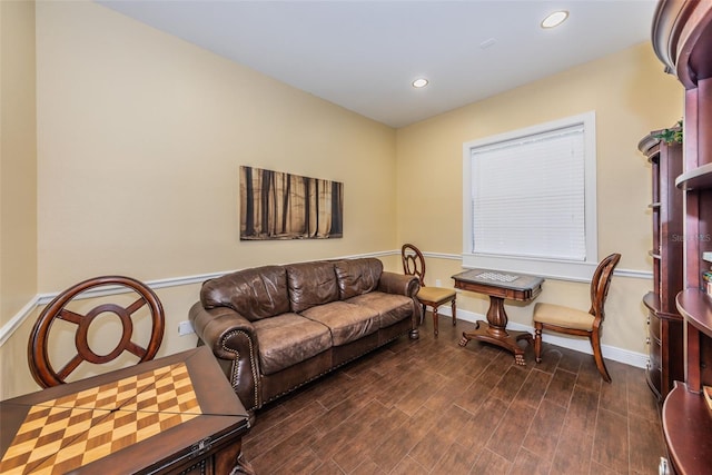 living room with dark hardwood / wood-style flooring