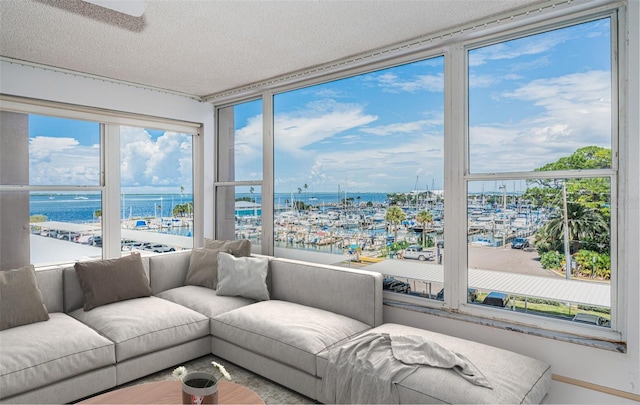 sunroom featuring a water view and a healthy amount of sunlight