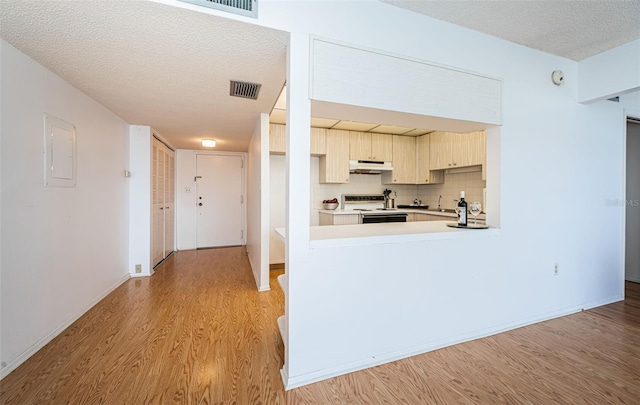 kitchen with light hardwood / wood-style flooring, stainless steel range with electric stovetop, kitchen peninsula, decorative backsplash, and a textured ceiling