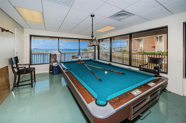 playroom with billiards and a paneled ceiling