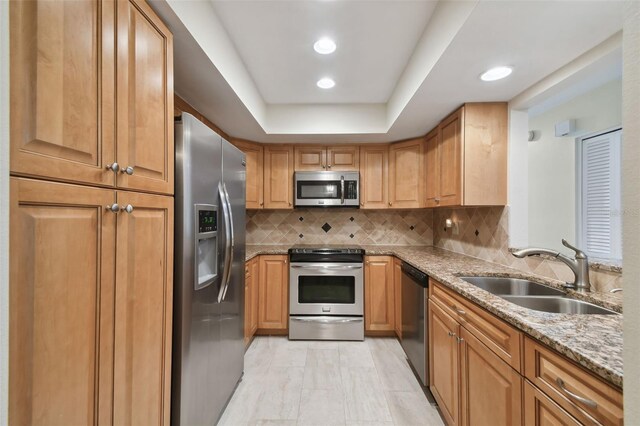 kitchen featuring light stone countertops, stainless steel appliances, sink, a raised ceiling, and decorative backsplash