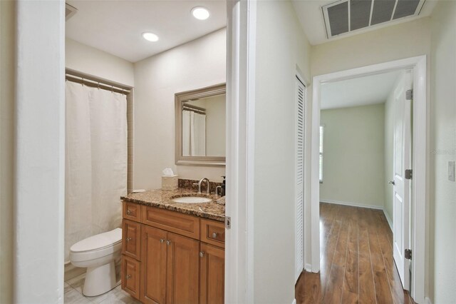 bathroom featuring vanity, toilet, and wood-type flooring