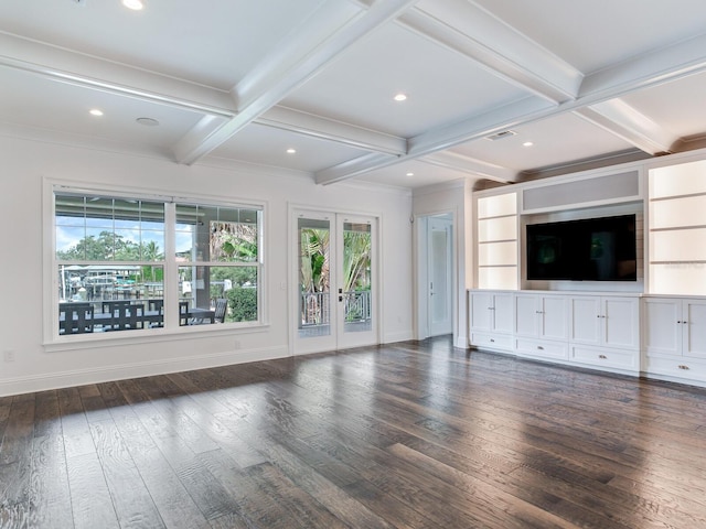 unfurnished living room with beam ceiling, coffered ceiling, and dark hardwood / wood-style flooring