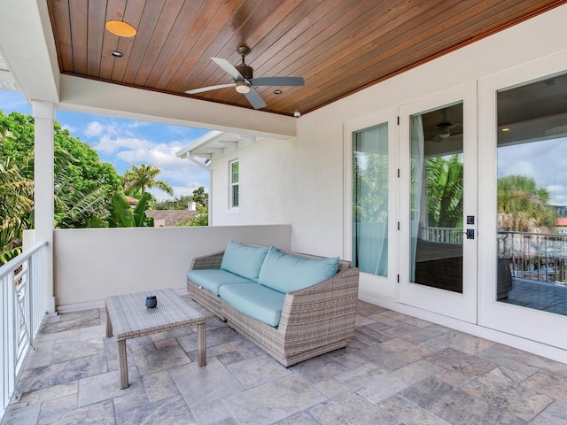 view of patio / terrace featuring french doors, an outdoor hangout area, and ceiling fan