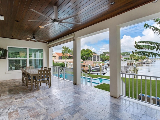 exterior space with a water view, ceiling fan, and a fenced in pool