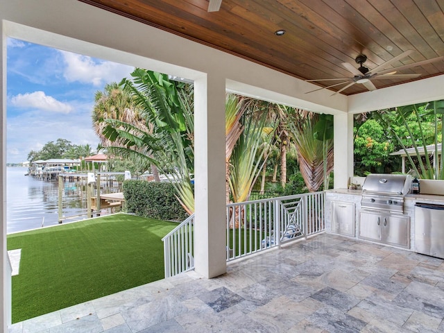 view of patio / terrace featuring ceiling fan, area for grilling, and a water view