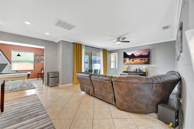 living room with plenty of natural light, billiards, light tile patterned flooring, and ceiling fan