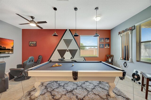 10820 Carloway Hills Dr, Wimauma, FL 33598 - recreation room featuring baseboards, light tile patterned floors, a textured ceiling, billiards, and a ceiling fan