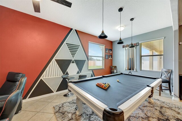 10820 Carloway Hills Dr, Wimauma, FL 33598 - rec room featuring a ceiling fan, baseboards, pool table, a textured ceiling, and tile patterned floors