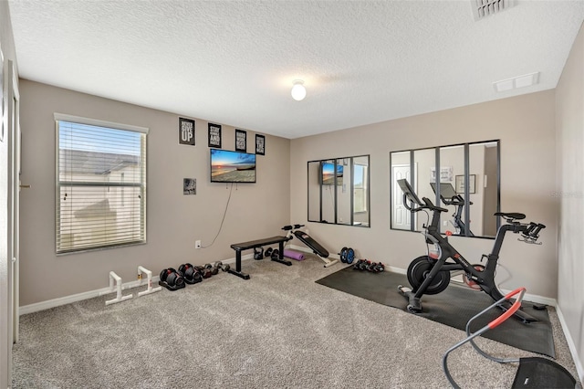 workout area with a textured ceiling and carpet