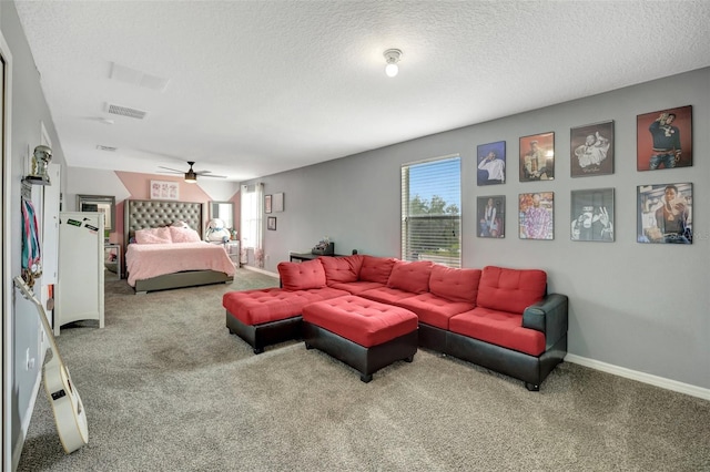 10820 Carloway Hills Dr, Wimauma, FL 33598 - interior space with baseboards, carpet floors, a textured ceiling, and a ceiling fan