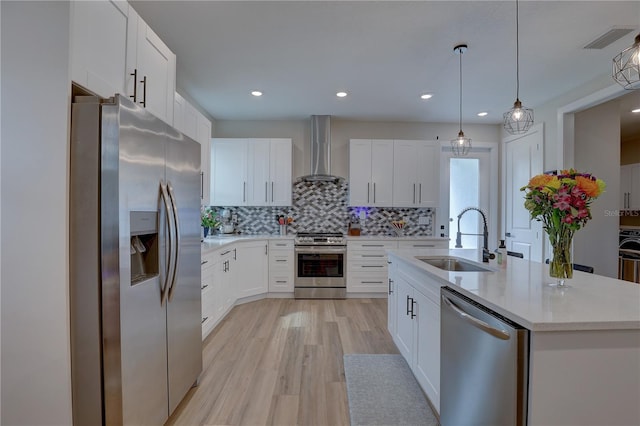 2860 14th Ave N, Saint Petersburg, FL 33713 - kitchen featuring tasteful backsplash, a sink, wall chimney range hood, white cabinets, and appliances with stainless steel finishes