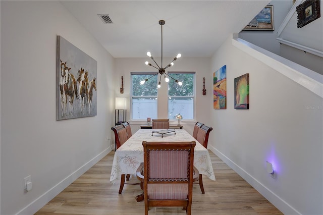 2860 14th Ave N, Saint Petersburg, FL 33713 - dining space with baseboards, visible vents, light wood-type flooring, and a chandelier