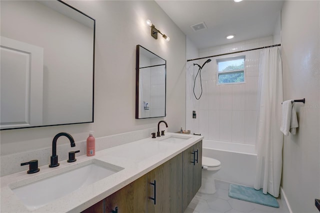 full bathroom with shower / bathtub combination with curtain, tile patterned flooring, toilet, and vanity