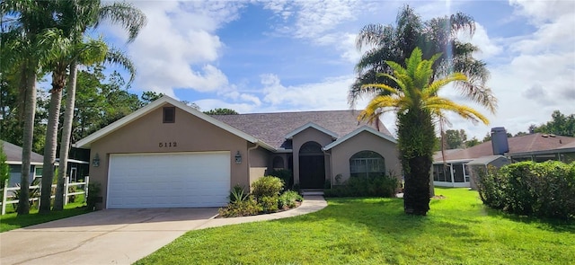 ranch-style home featuring a garage, stucco siding, concrete driveway, and a front lawn