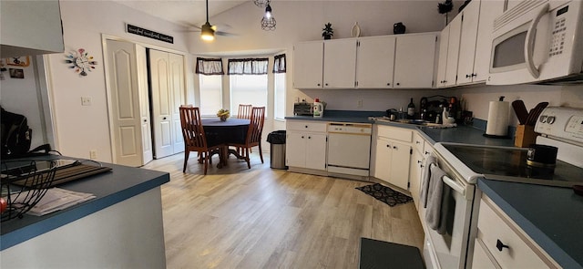 kitchen with ceiling fan, light wood-type flooring, white appliances, and white cabinetry