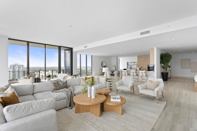 living room featuring light hardwood / wood-style flooring and floor to ceiling windows