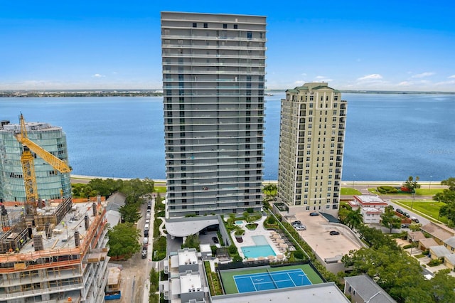 birds eye view of property featuring a water view