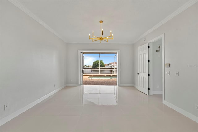 empty room with ornamental molding, a notable chandelier, and light tile patterned floors