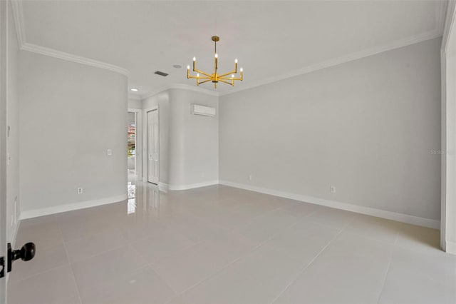 tiled spare room with visible vents, baseboards, a wall mounted AC, an inviting chandelier, and crown molding