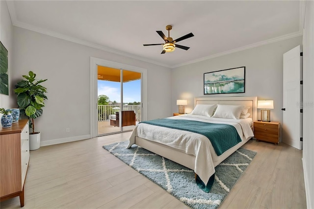 bedroom with light wood-style floors, access to outside, baseboards, and crown molding