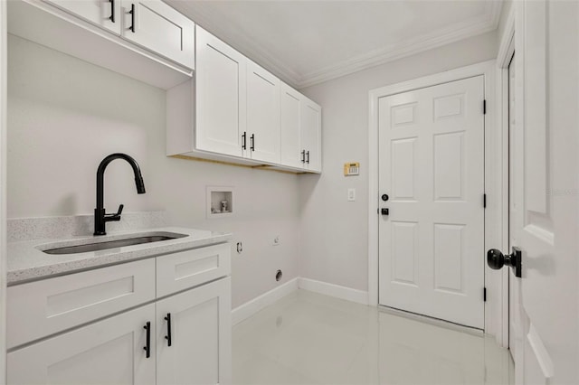 1233 Acappella Ln, Apollo Beach, FL 33572 - laundry area with cabinet space, washer hookup, and crown molding
