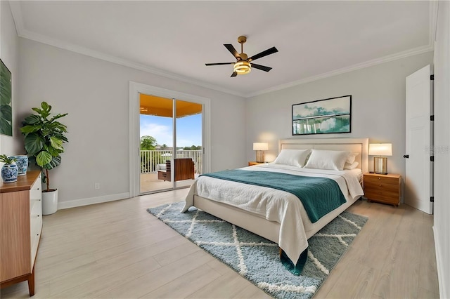 1233 Acappella Ln, Apollo Beach, FL 33572 - bedroom with access to exterior, ornamental molding, light wood-type flooring, and a ceiling fan