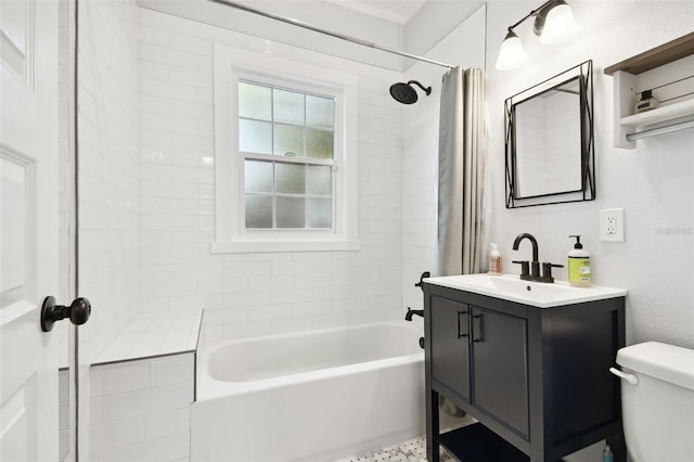 full bathroom with shower / bathtub combination with curtain, vanity, and toilet