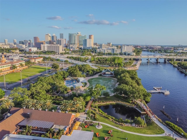 bird's eye view with a water view