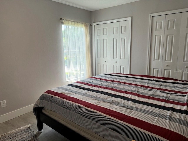 bedroom featuring hardwood / wood-style floors and two closets