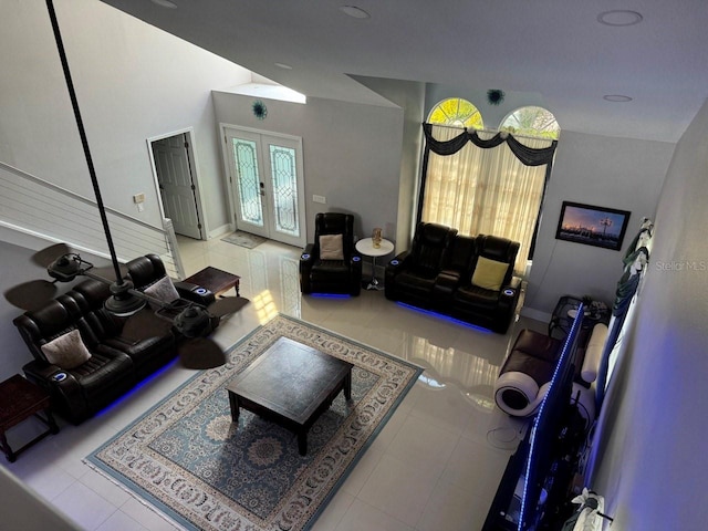 tiled living room with french doors