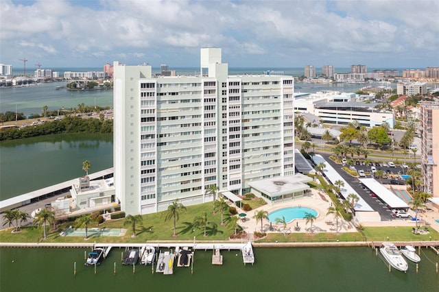 birds eye view of property featuring a water view