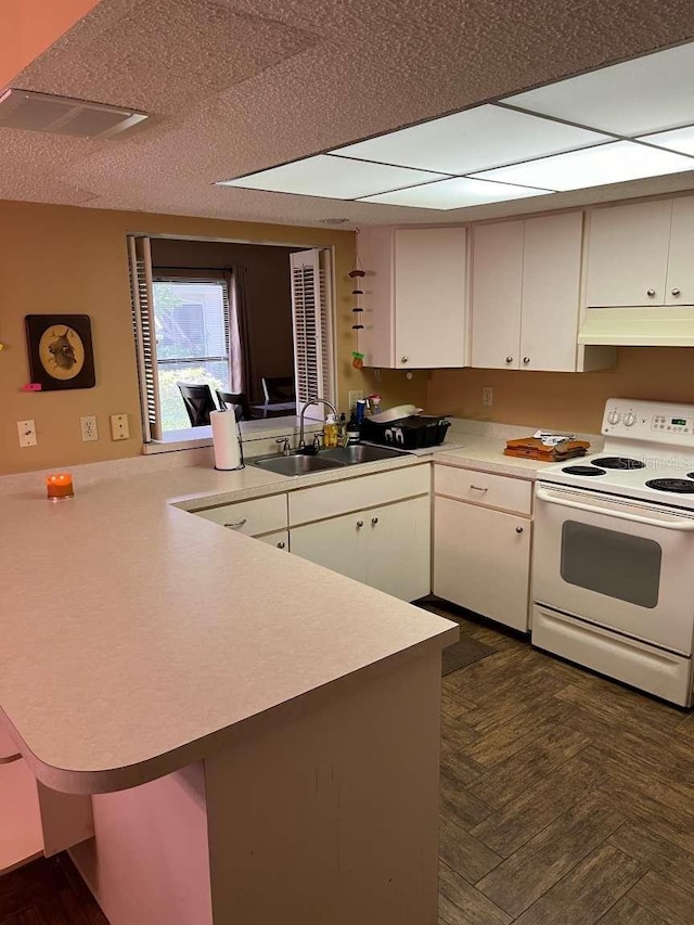 kitchen with white cabinets, dark parquet floors, electric stove, and kitchen peninsula