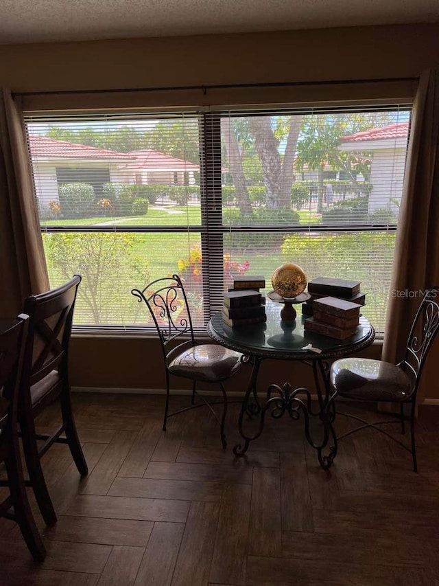 dining space featuring parquet floors, plenty of natural light, and a textured ceiling