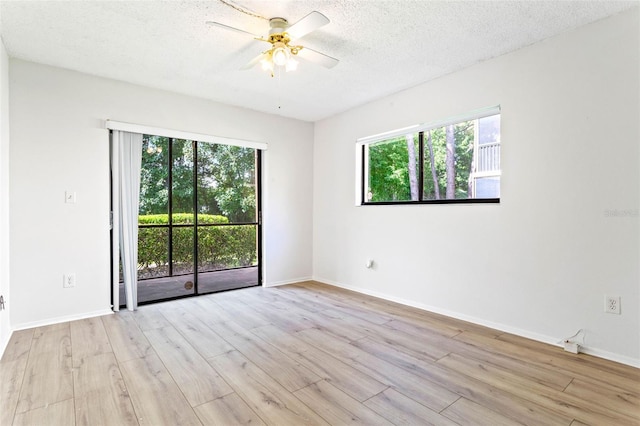 spare room featuring a wealth of natural light, a textured ceiling, a ceiling fan, and wood finished floors