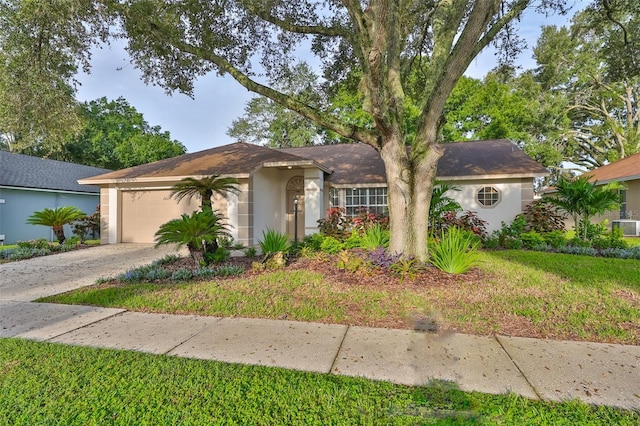 ranch-style house with a front yard and a garage