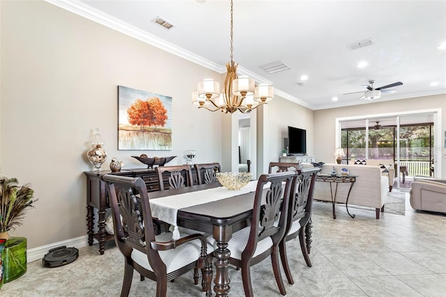 tiled dining room with ceiling fan with notable chandelier and ornamental molding