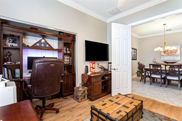 office area with light wood-type flooring, an inviting chandelier, and crown molding