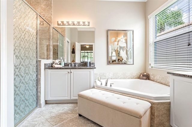 bathroom featuring vanity and shower with separate bathtub