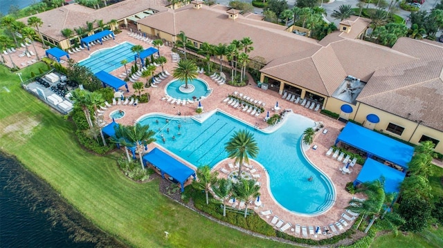 view of pool featuring a lawn and a patio