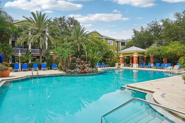 view of pool featuring a gazebo and a patio