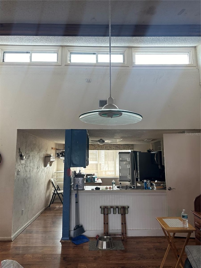 kitchen with blue cabinetry, a healthy amount of sunlight, black fridge, and dark hardwood / wood-style floors