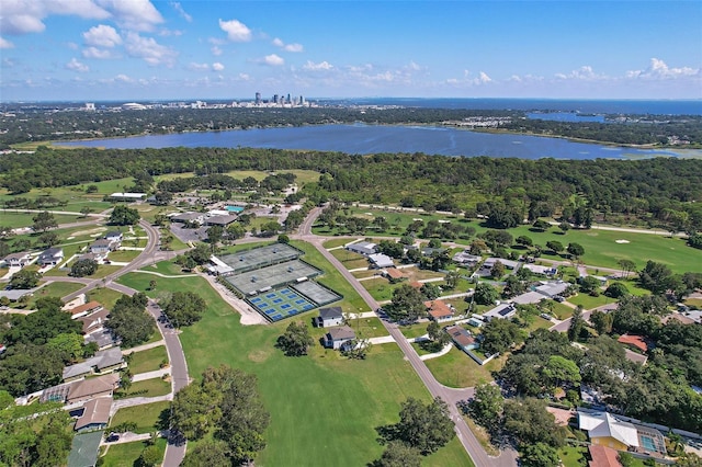 aerial view featuring a water view